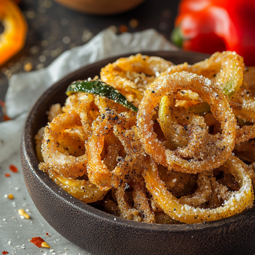 A bowl of onion rings with a sprinkle of seasoning on top.