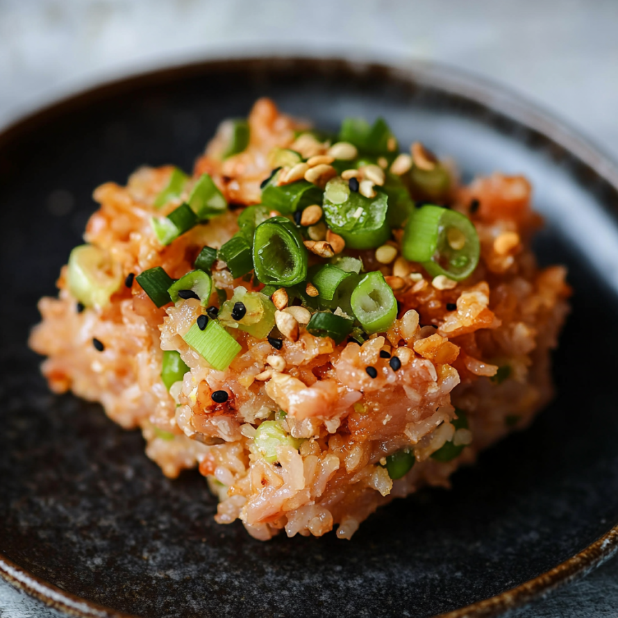 A dish of spicy tuna crispy rice is served on a black plate.