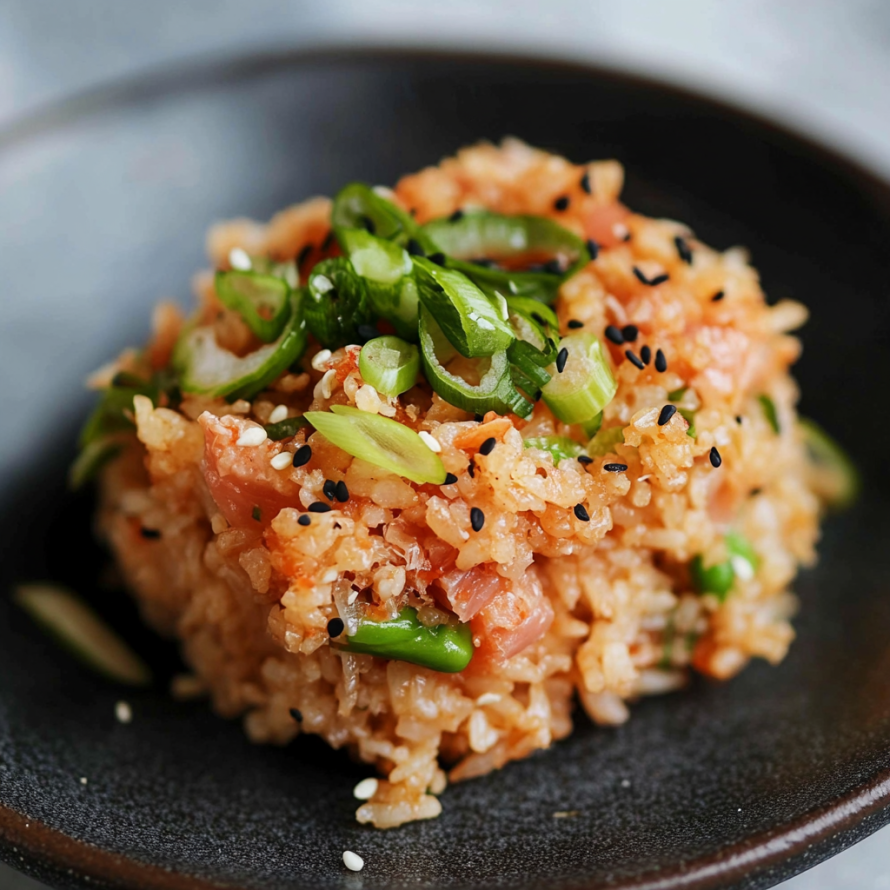 A bowl of rice with vegetables and black sesame seeds, possibly a dish called "Black Sesame Rice Bowl.