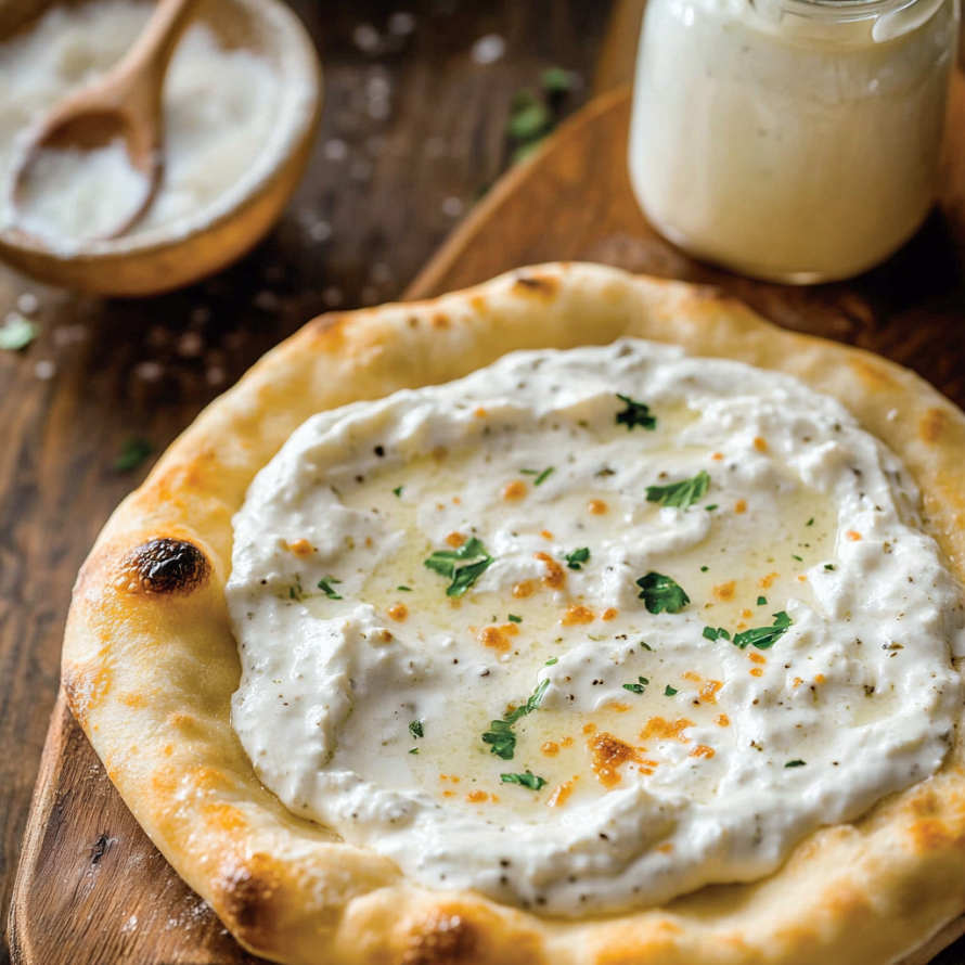 A pizza with white sauce and orange toppings sits on a wooden cutting board.