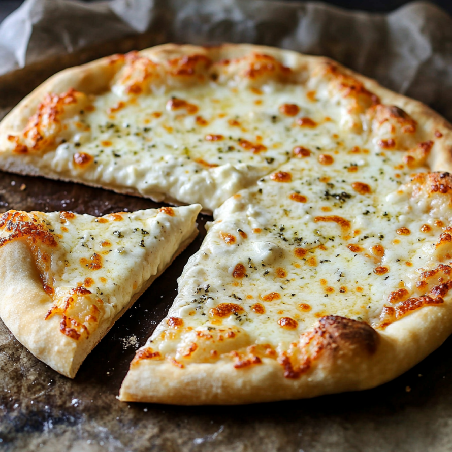 A slice of pizza with cheese and herbs on a pan.
