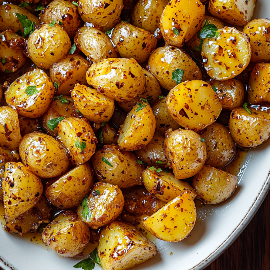 A plate of honey mustard potatoes with a green garnish.