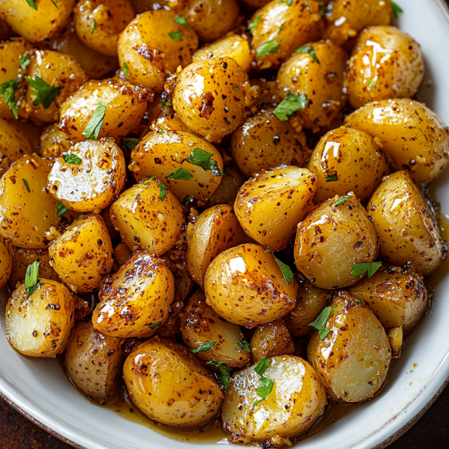 A bowl of roasted potatoes with herbs and spices.