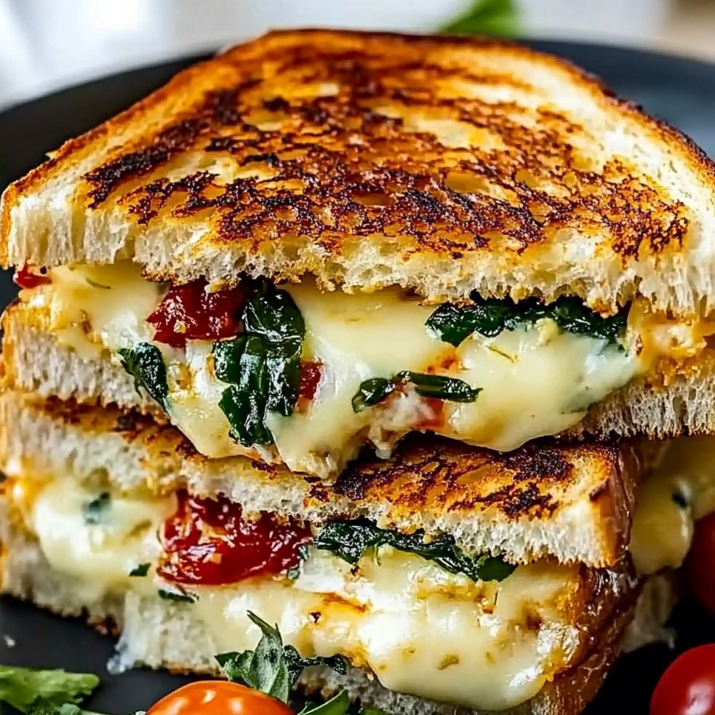 A close up of a grilled cheese sandwich with tomatoes and spinach.