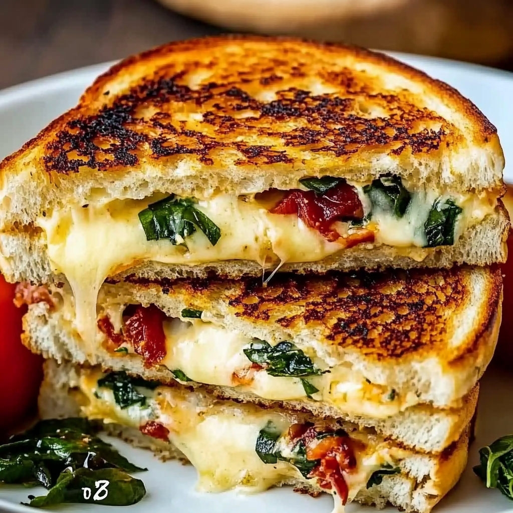 A close up of a grilled cheese sandwich with tomato and spinach toppings.