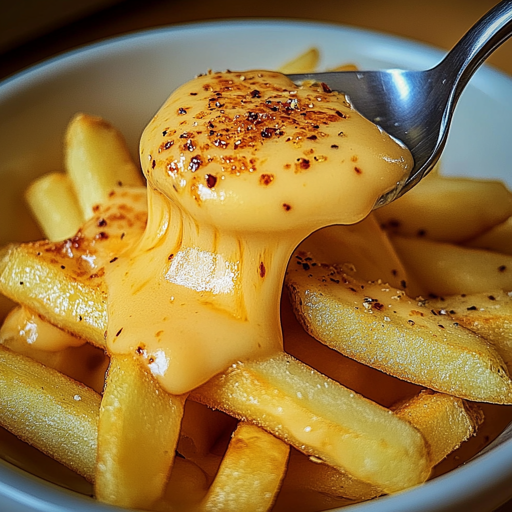 A close up of a bowl of fries with cheese sauce being poured over them.
