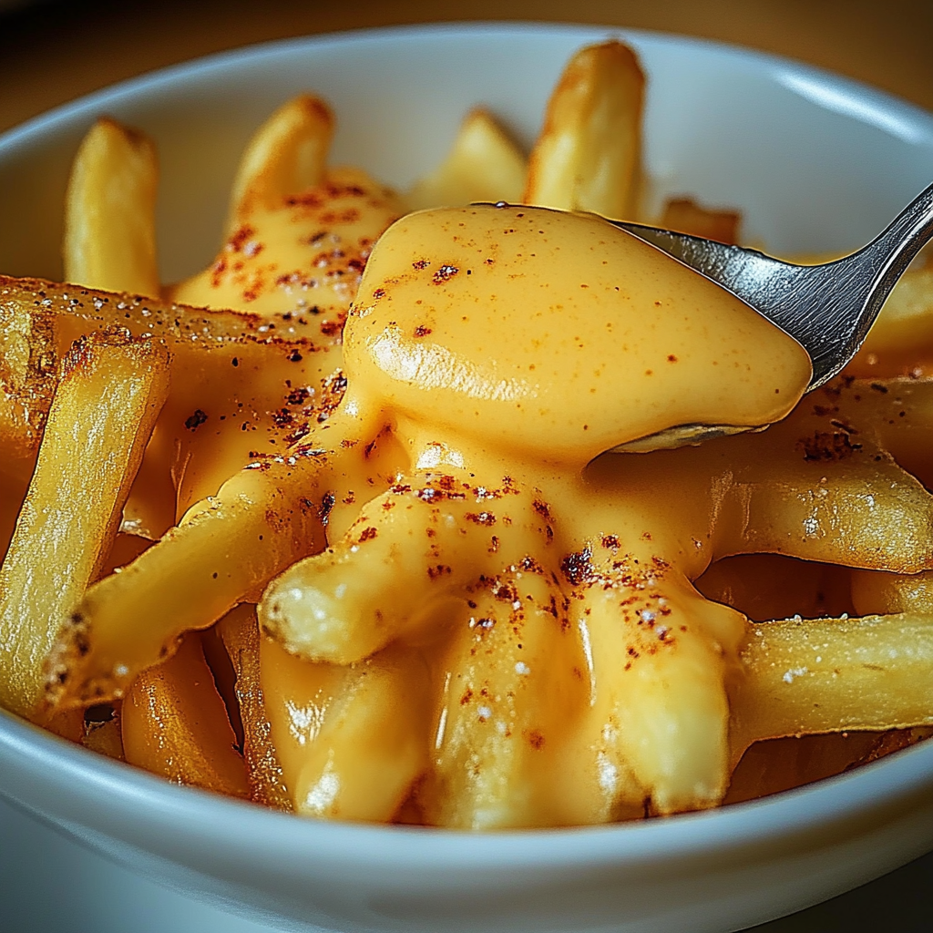 A bowl of fries with cheese sauce on top.