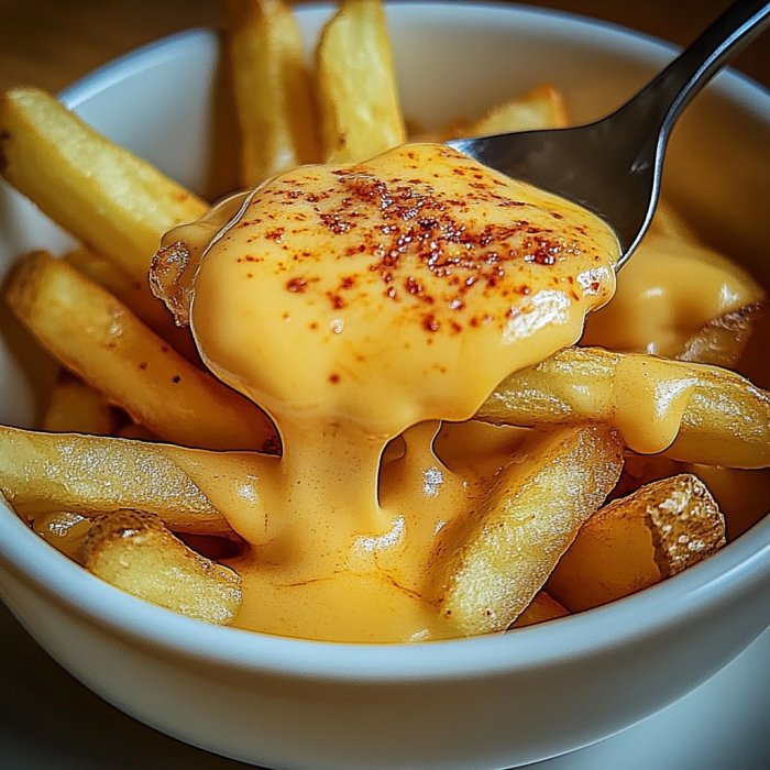 A bowl of fries with cheese sauce drizzled over them.