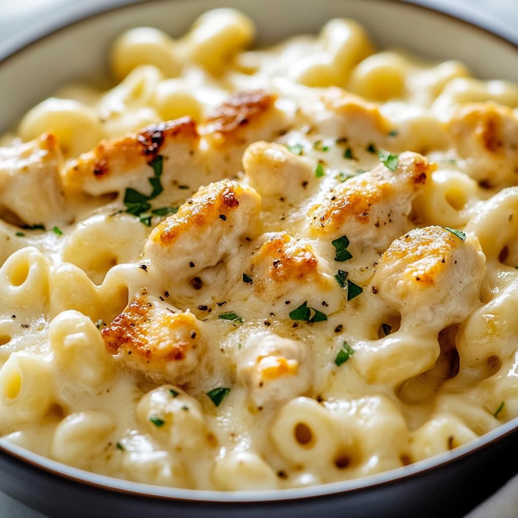 A bowl of Parmesan Garlic Chicken Mac and Cheese with chicken and pasta.