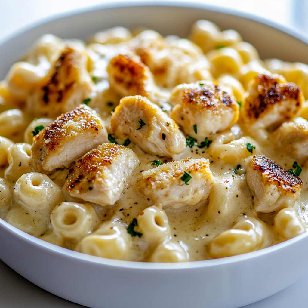 A bowl of macaroni and cheese with chicken and herbs.
