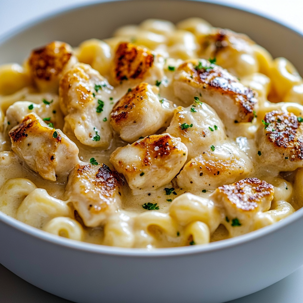 A bowl of chicken and pasta with a green herb on top.