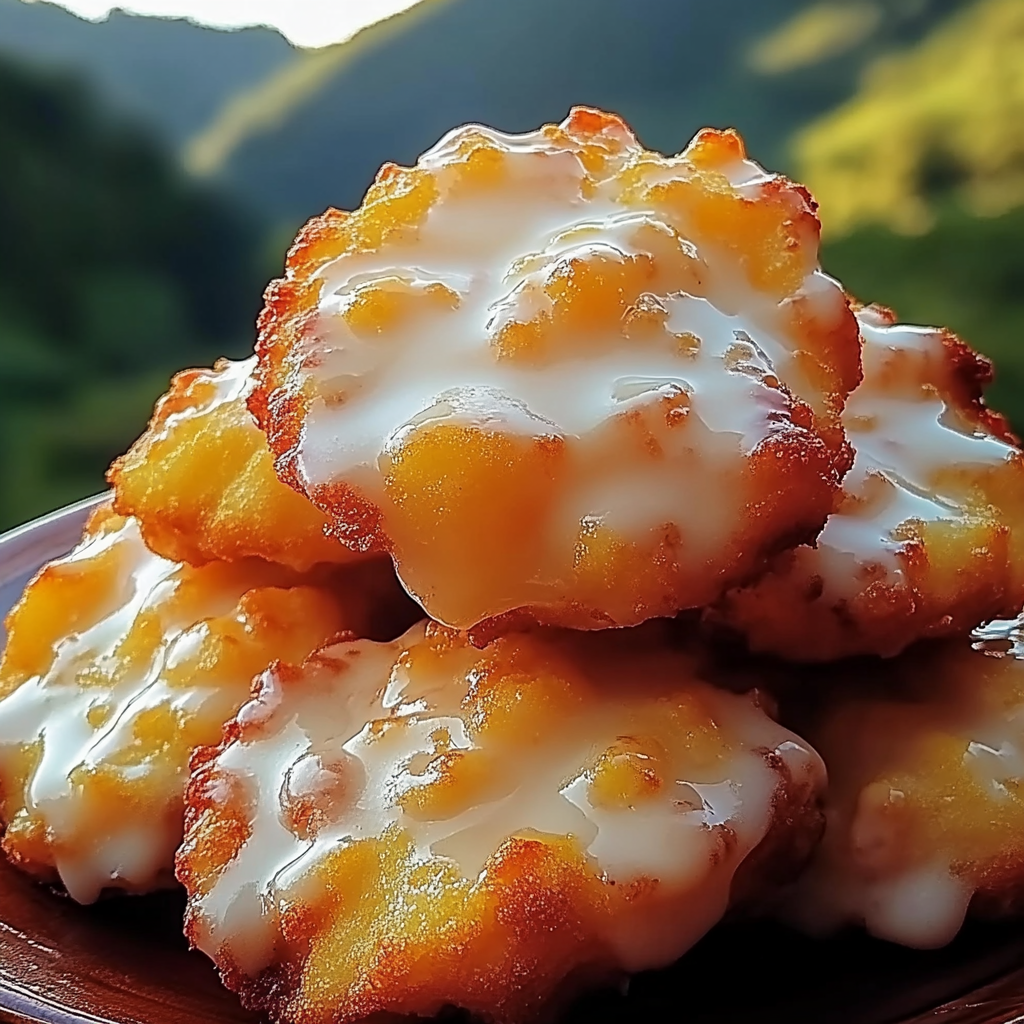A plate of delicious fresh peach fritters, covered in a sweet glaze, are stacked on top of each other.
