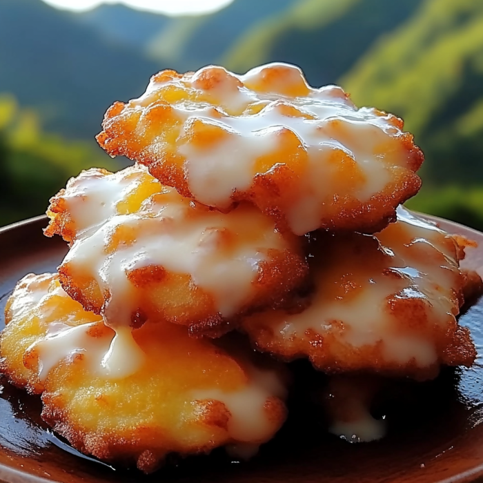 A plate of delicious fresh peach fritters stacked on top of each other.