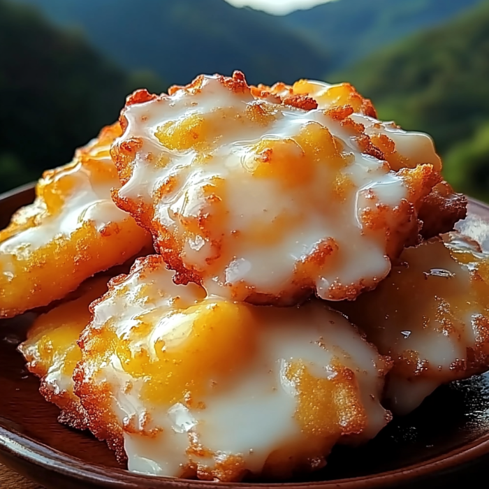 A plate of delicious fresh peach fritters, covered in white icing, are displayed on a table.