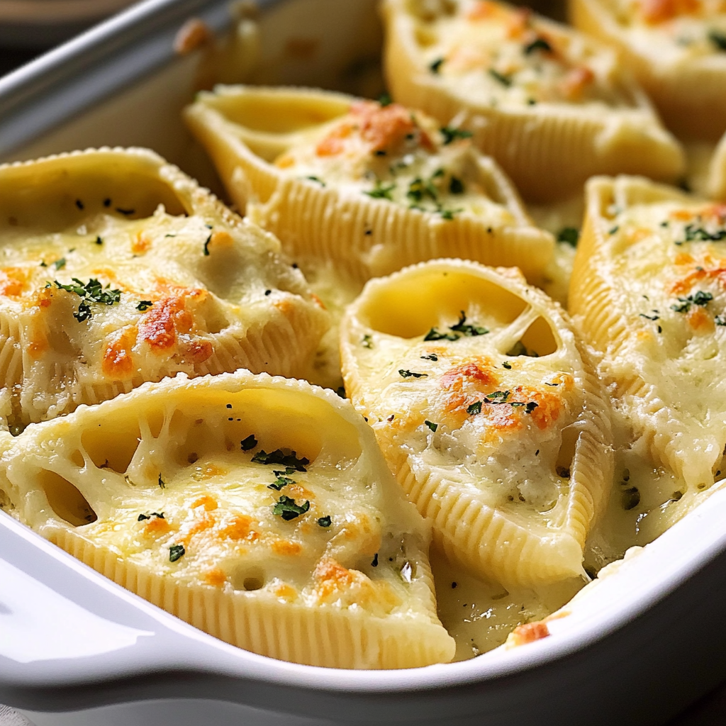 A dish of seafood stuffed shells in a white bowl.