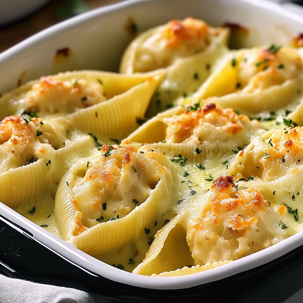 A bowl of pasta with cheese and chicken in a creamy sauce.