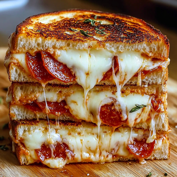 A stack of three grilled cheese sandwiches with pepperoni slices in between.