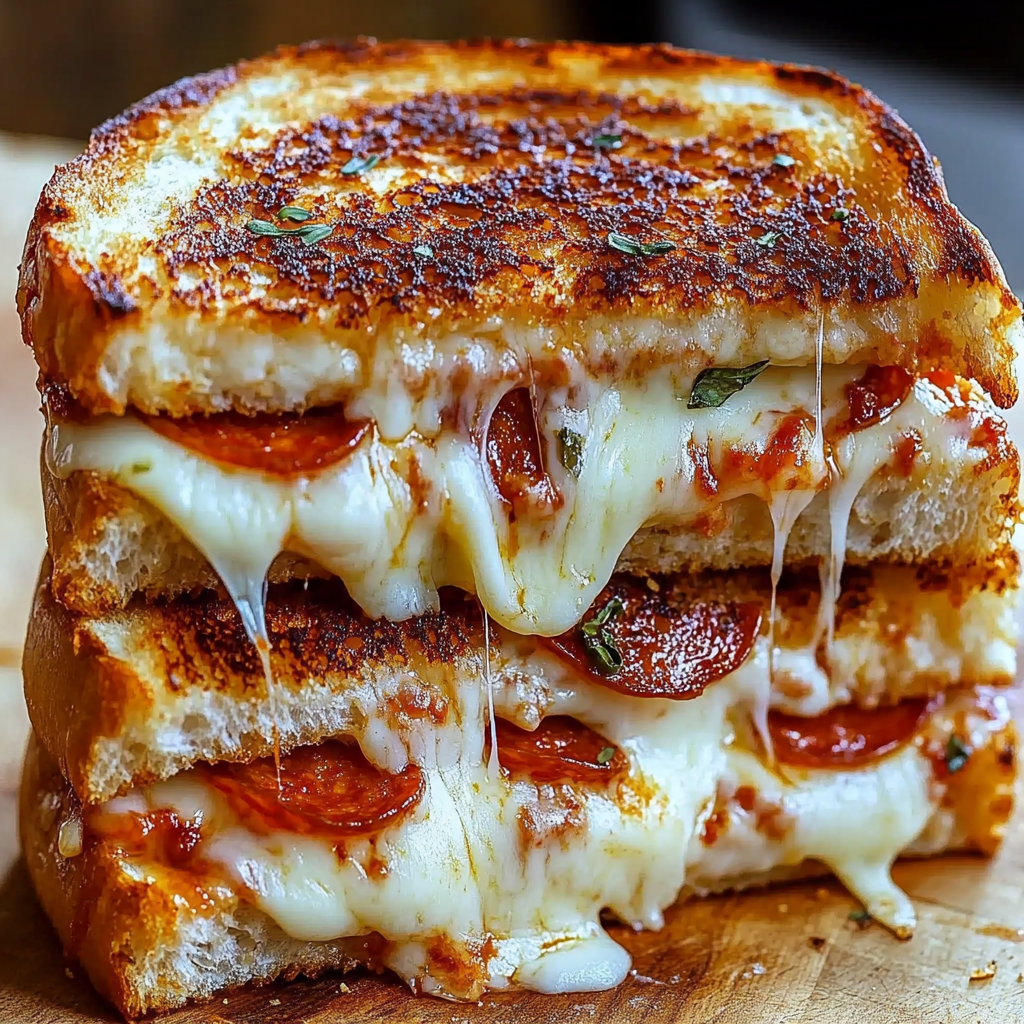 A close up of a grilled cheese sandwich with pepperoni and melted cheese.