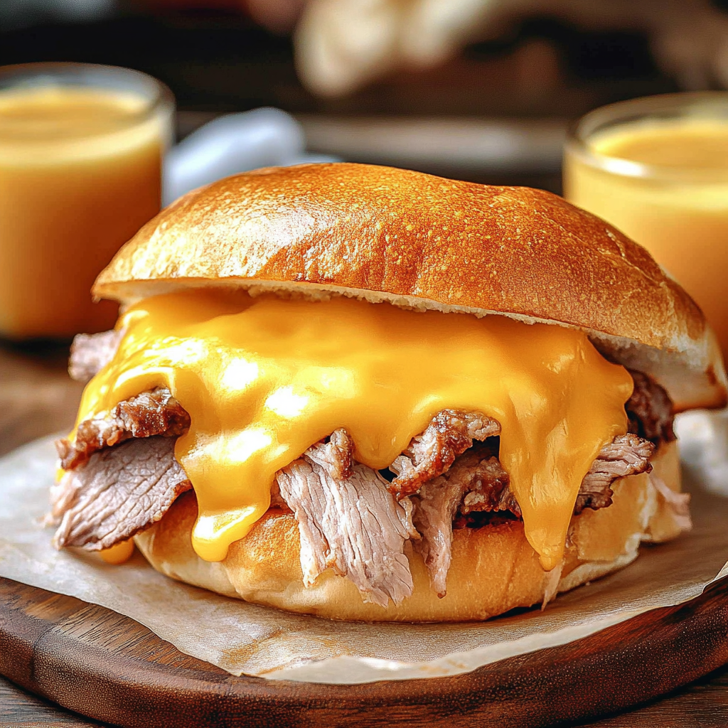 A delicious sandwich with melted cheese and meat, reminiscent of an Arby's Beef Cheddar sandwich.