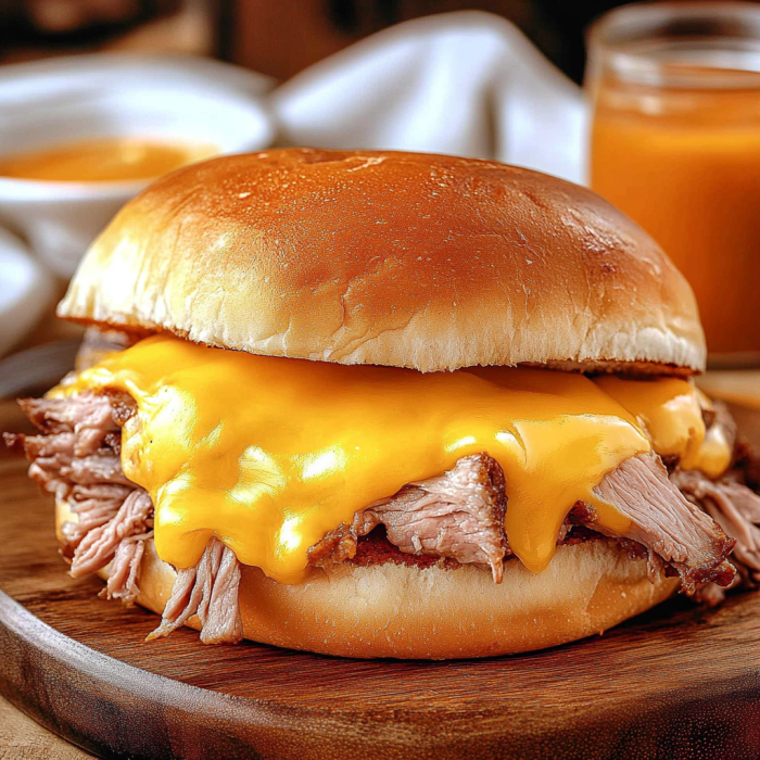 A delicious sandwich with melted cheese and meat on a wooden board.