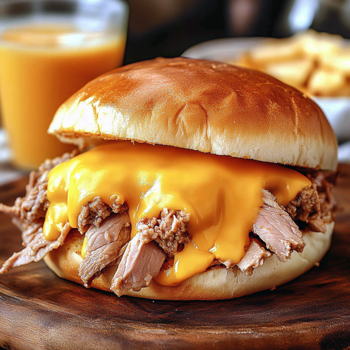 A delicious beef cheddar sandwich with melted cheese and a side of fries.