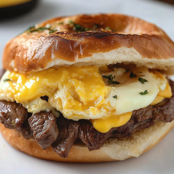 A close-up of a delicious steak egg cheese sandwich.
