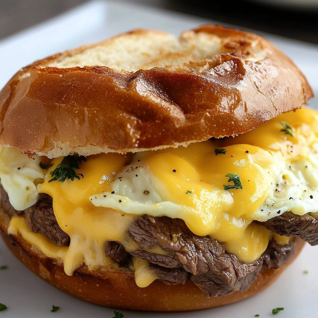 A delicious sandwich with eggs, cheese, and meat on a bun.
