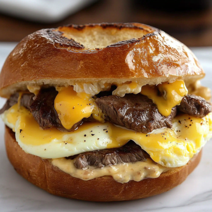 A delicious sandwich with meat, egg, and cheese, all topped with a generous amount of sauce.