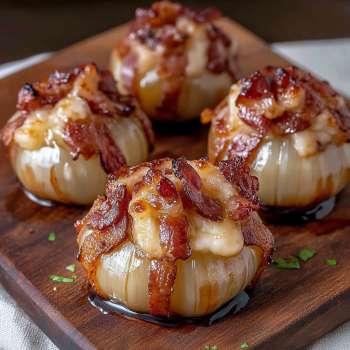 Three bacon-wrapped onion rings on a wooden cutting board, ready to be cooked.