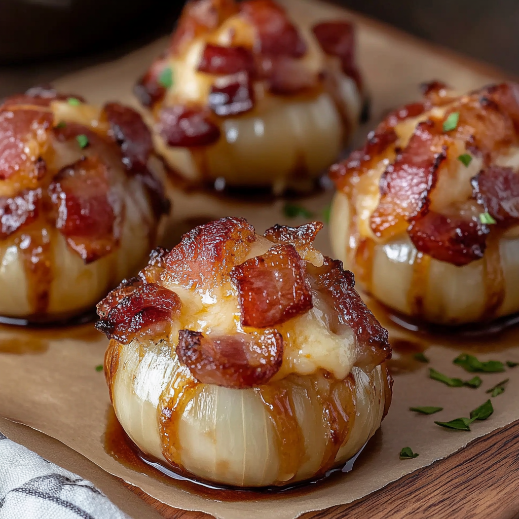 Bacon wrapped onions with cheese and bacon on a wooden cutting board.