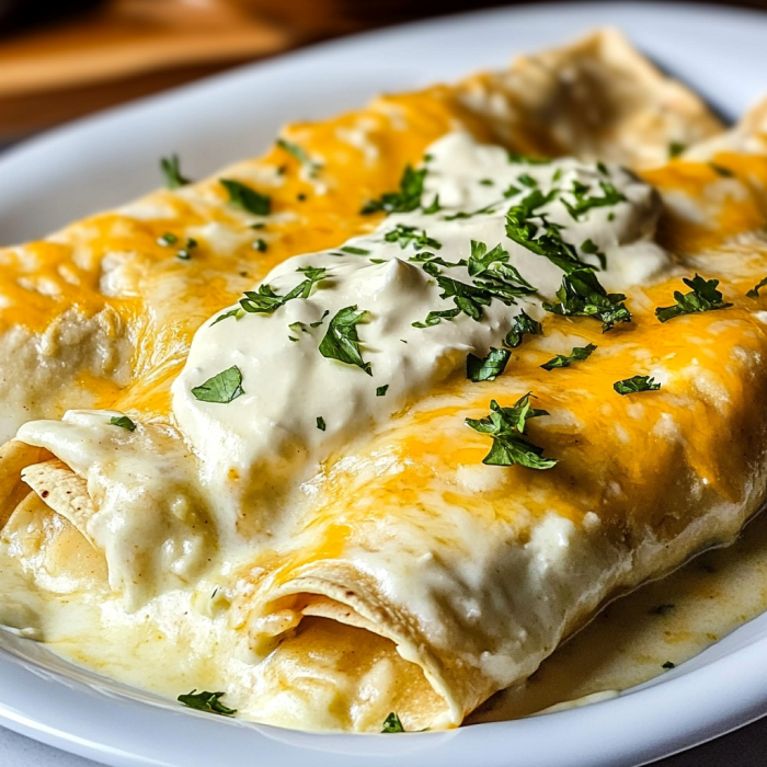 A delicious Mexican dish, possibly a quesadilla or enchilada, is served on a white plate. The dish is topped with a generous amount of cheese and garnished with green onions.