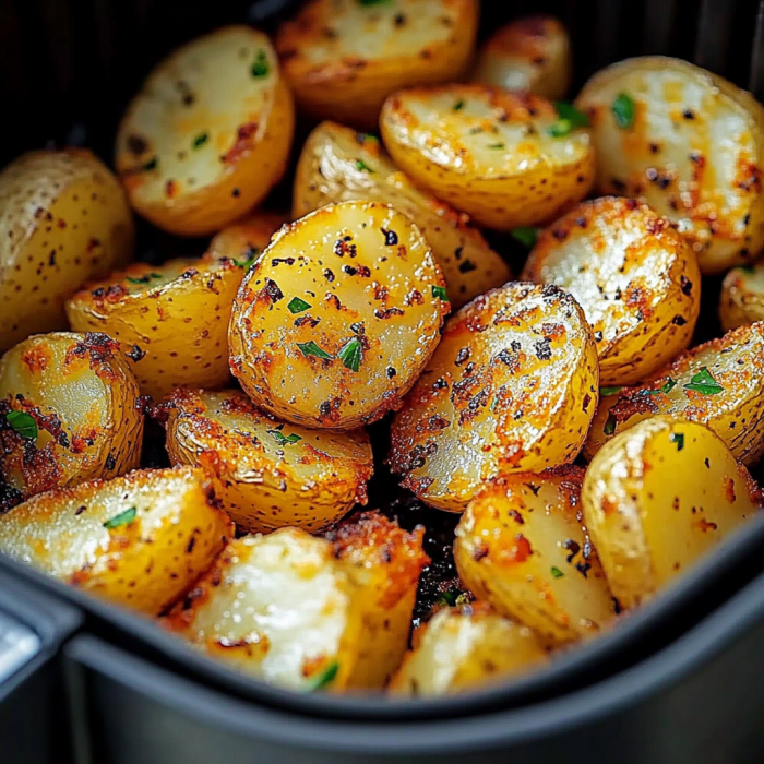 A close up of sliced potatoes in an air fryer.