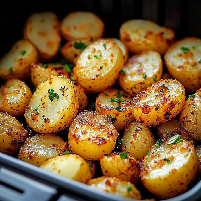 A close up of a dish filled with potatoes, onions, and herbs, likely a potato salad or a similar dish.