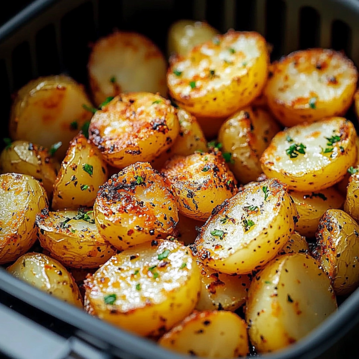 A close-up of a dish filled with grilled potatoes and herbs.