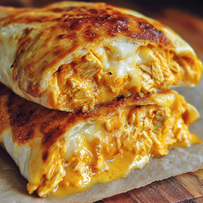 A close-up of a delicious chicken sandwich with cheese and sauce, ready to be eaten.