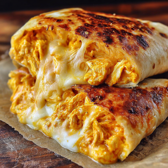 A delicious sandwich with cheese and chicken on a piece of wax paper.