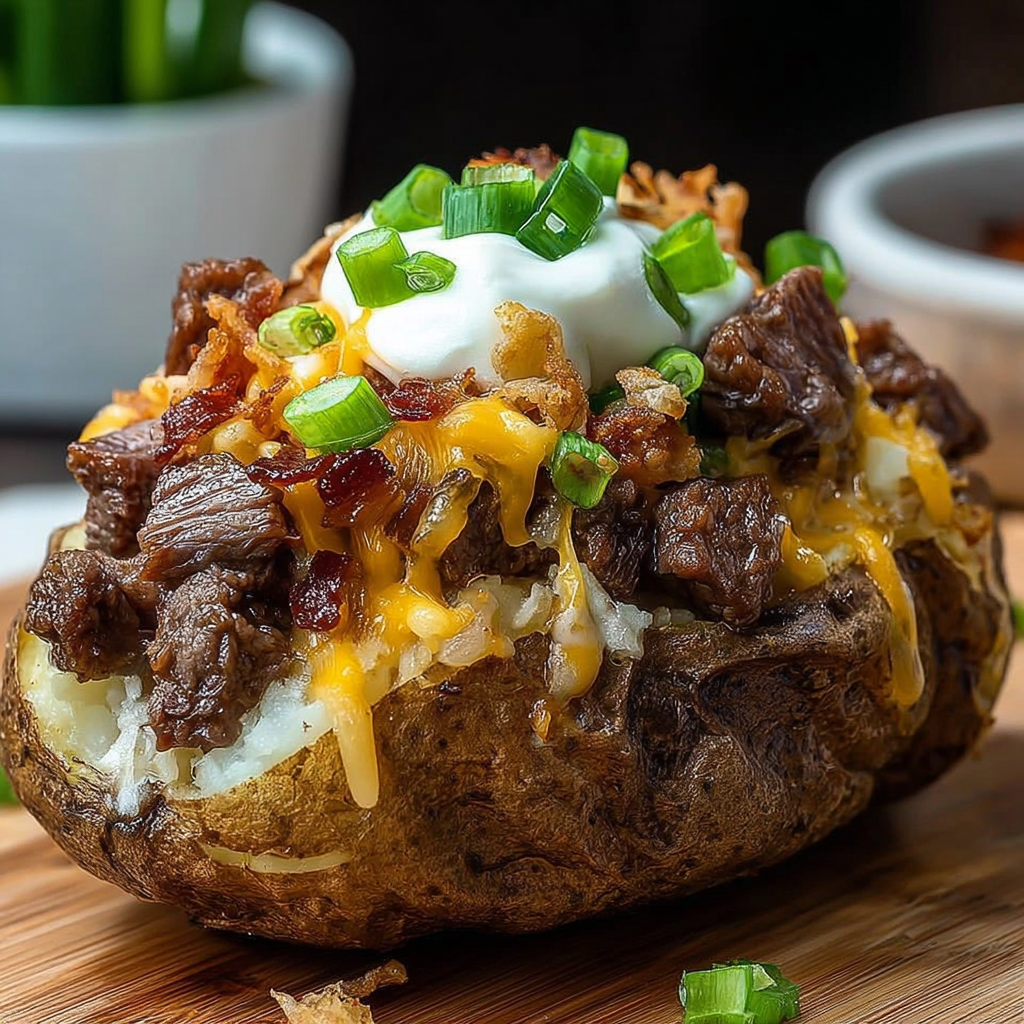 A loaded baked potato with steak bites on top, served on a wooden cutting board.