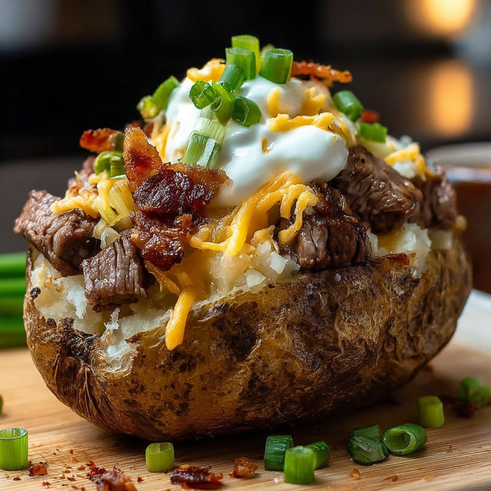 A loaded baked potato with steak bites and cheese on top.