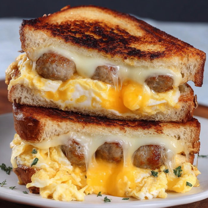 A delicious breakfast grilled cheese sandwich with eggs and sausage.