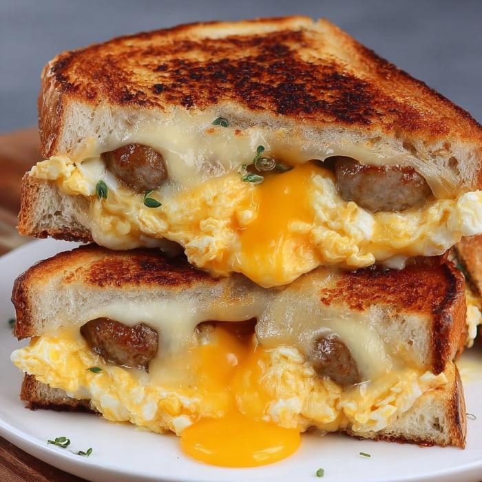 A delicious breakfast sandwich with eggs, cheese, and sausage.