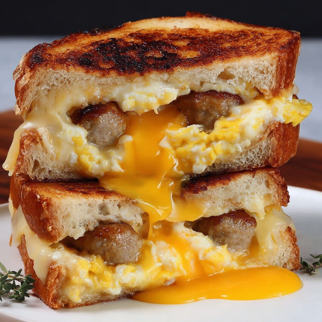 A delicious breakfast sandwich with eggs, sausage, and cheese.