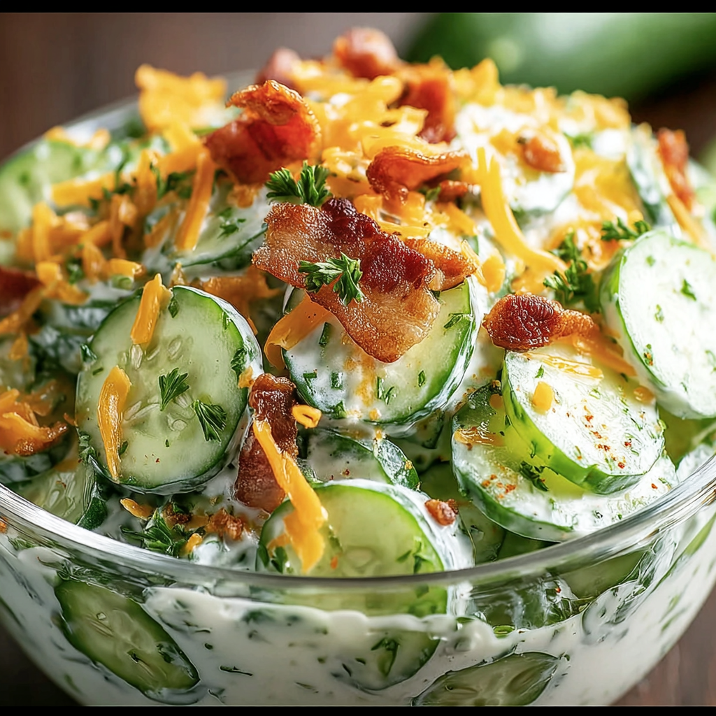 A bowl of Cucumber Ranch Crack Salad is filled with a variety of vegetables, including cucumbers, cheese, and bacon.
