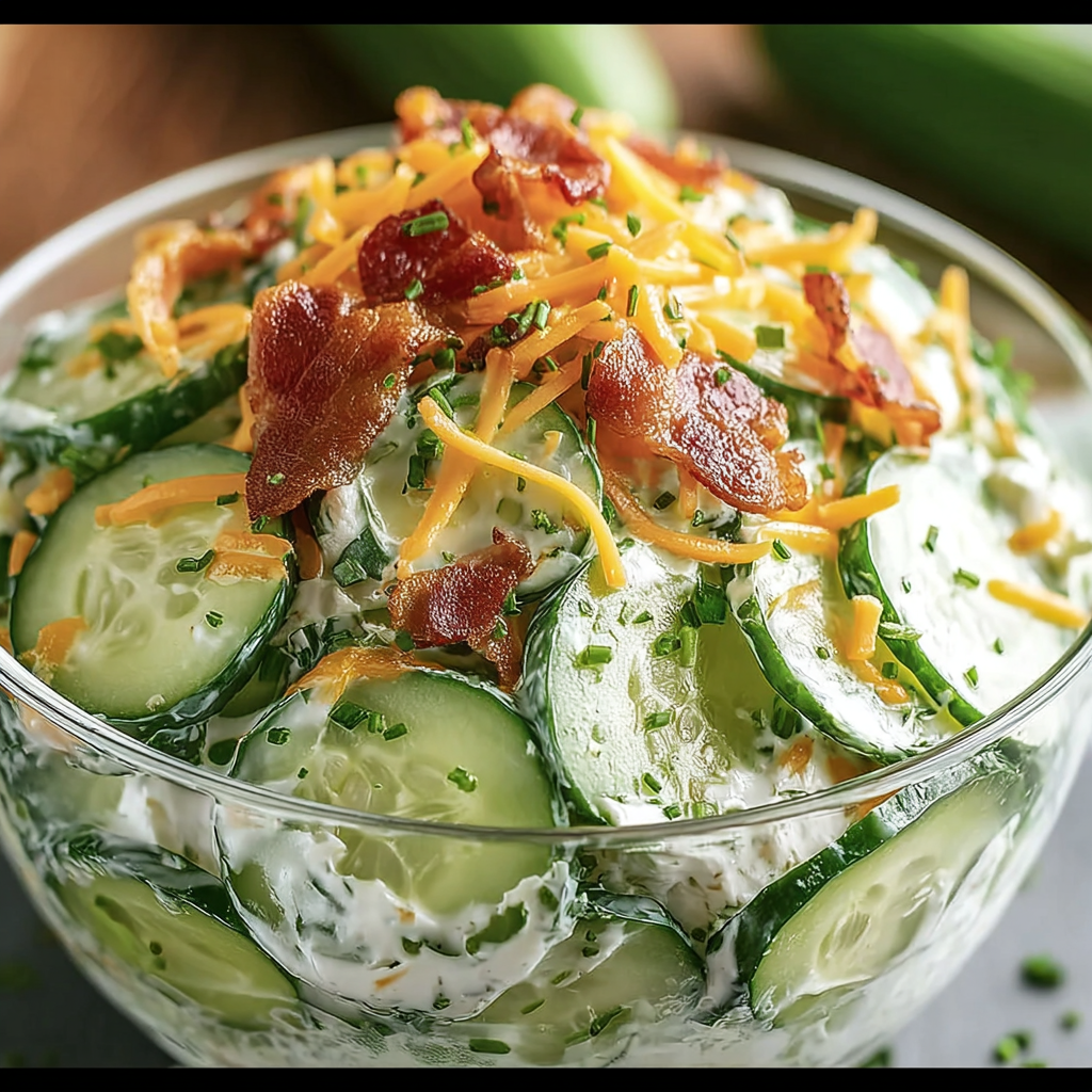 A bowl of food with bacon and cheese on top, accompanied by a slice of cucumber.