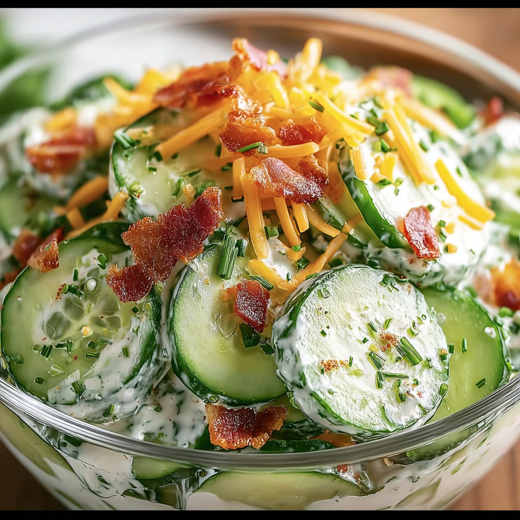 A bowl of food with bacon and cheese, including cucumbers and other vegetables.