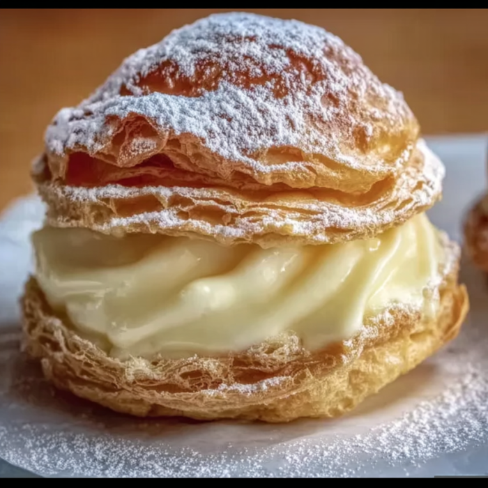A delicious dessert, Special Italian Cream Puffs with Custard Filling, is presented on a plate.