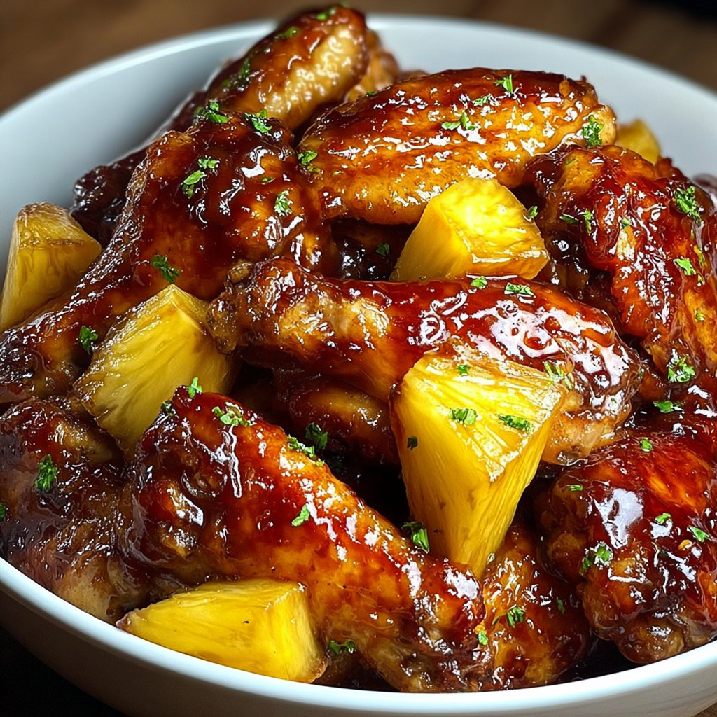 A bowl of chicken wings covered in a brown sugar pineapple sauce.