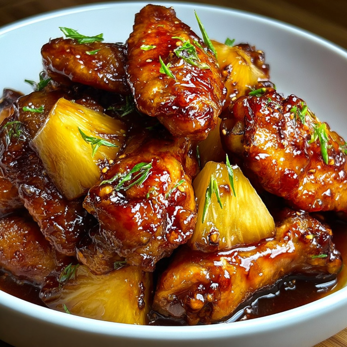 A bowl filled with a delicious Asian dish, featuring chicken wings and pineapple, is presented on a wooden table.
