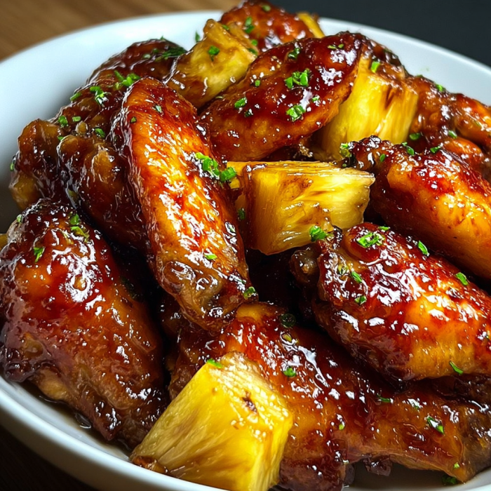 A bowl filled with chicken wings covered in a sweet and tangy sauce, ready to be enjoyed.