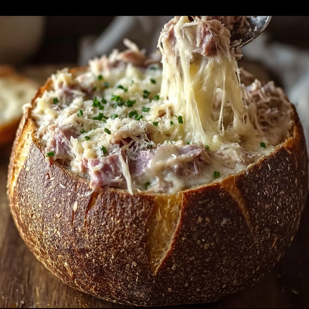 A bowl of Reuben dip in a rye bread bowl.