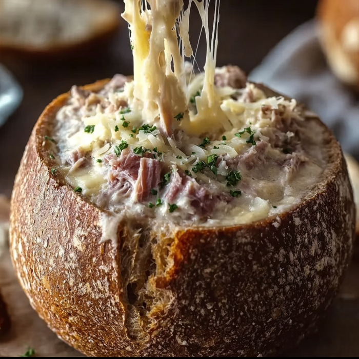 A bowl of Reuben dip in a rye bread bowl.